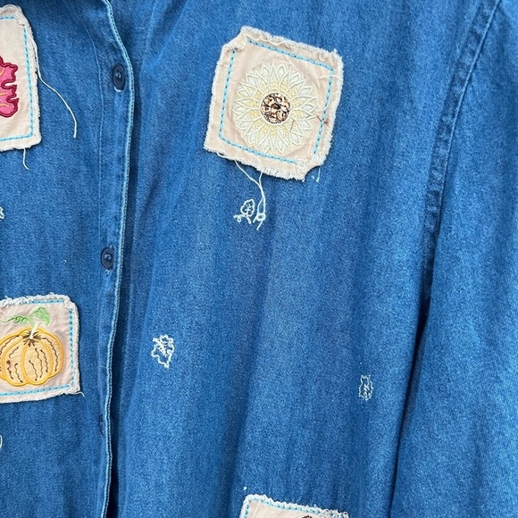 Women’s Lee Denim Fall Patchwork Embroidered Button Down Size Large 100% Cotton - Picture 5 of 6